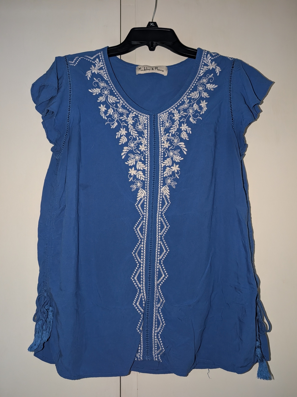 Blue Embroidered V-Neck Tunic Top with Short Ruffle Sleeves